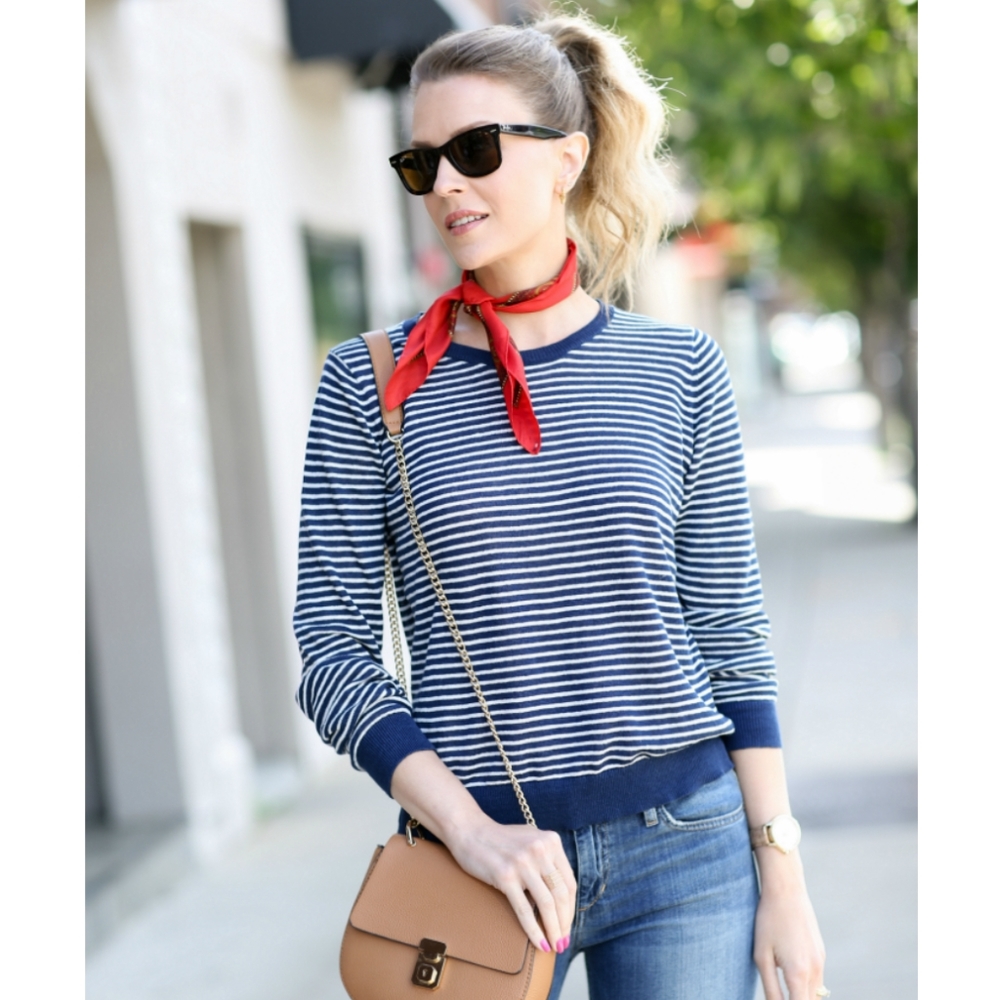 Everlane Navy and white striped linen crew sweater